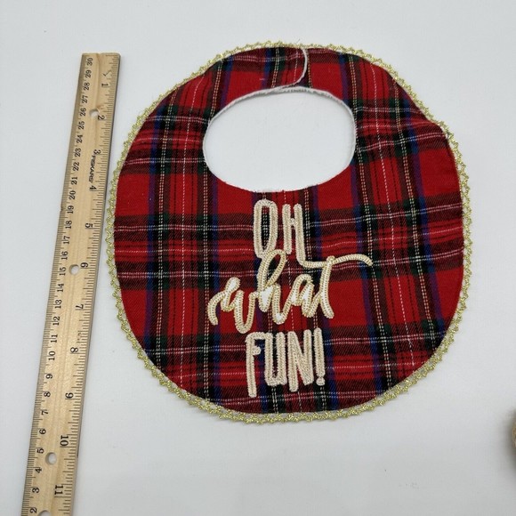 Mud Pie Christmas Bib & Reindeer Hat 0-6M Knit Beanie Red Tartan Plaid Baby - Picture 3 of 8